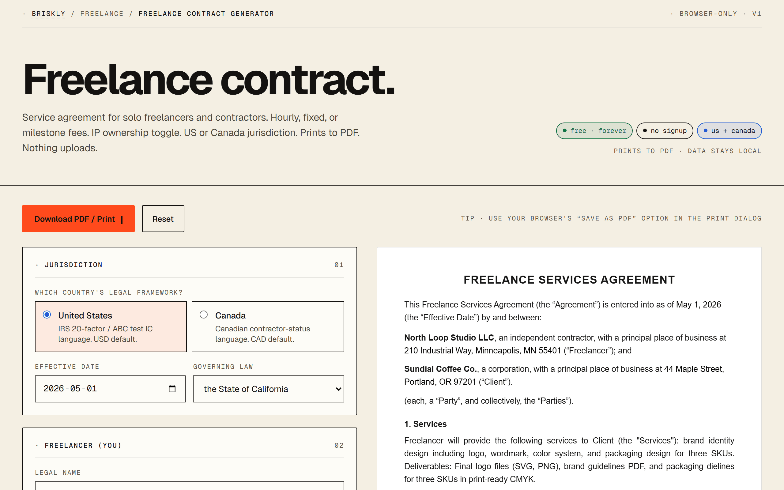 Briskly freelance contract generator showing the editing layout: jurisdiction toggle on the left and a live FREELANCE SERVICES AGREEMENT preview on the right with North Loop Studio LLC as freelancer and Sundial Coffee Co. as client.