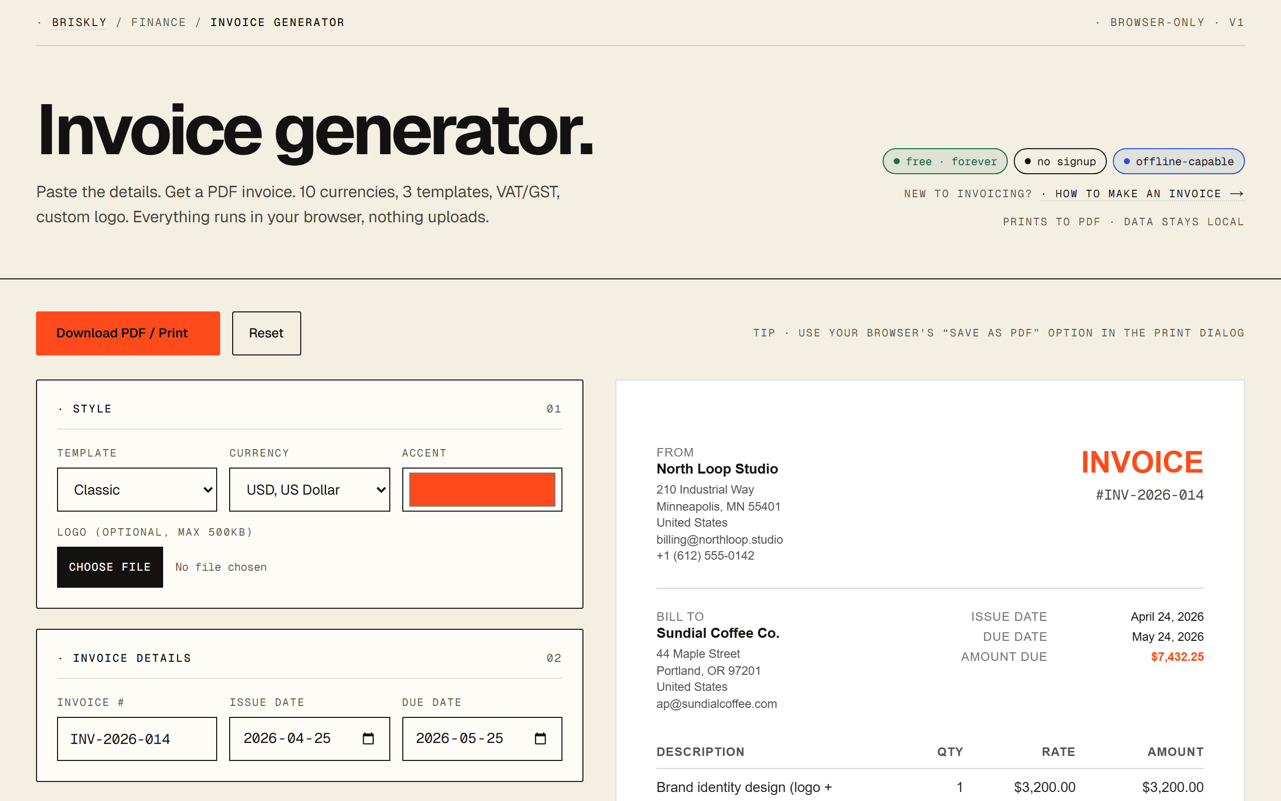Side-by-side editing view of the Briskly invoice generator: form fields on the left, live invoice preview on the right, both updating in real time.