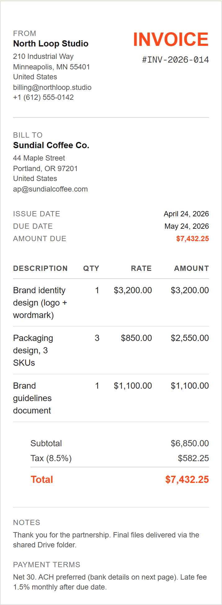 Mobile view of the same invoice preview at 390px wide, with Bill To and metadata stacked vertically and the line-item table reflowing cleanly.