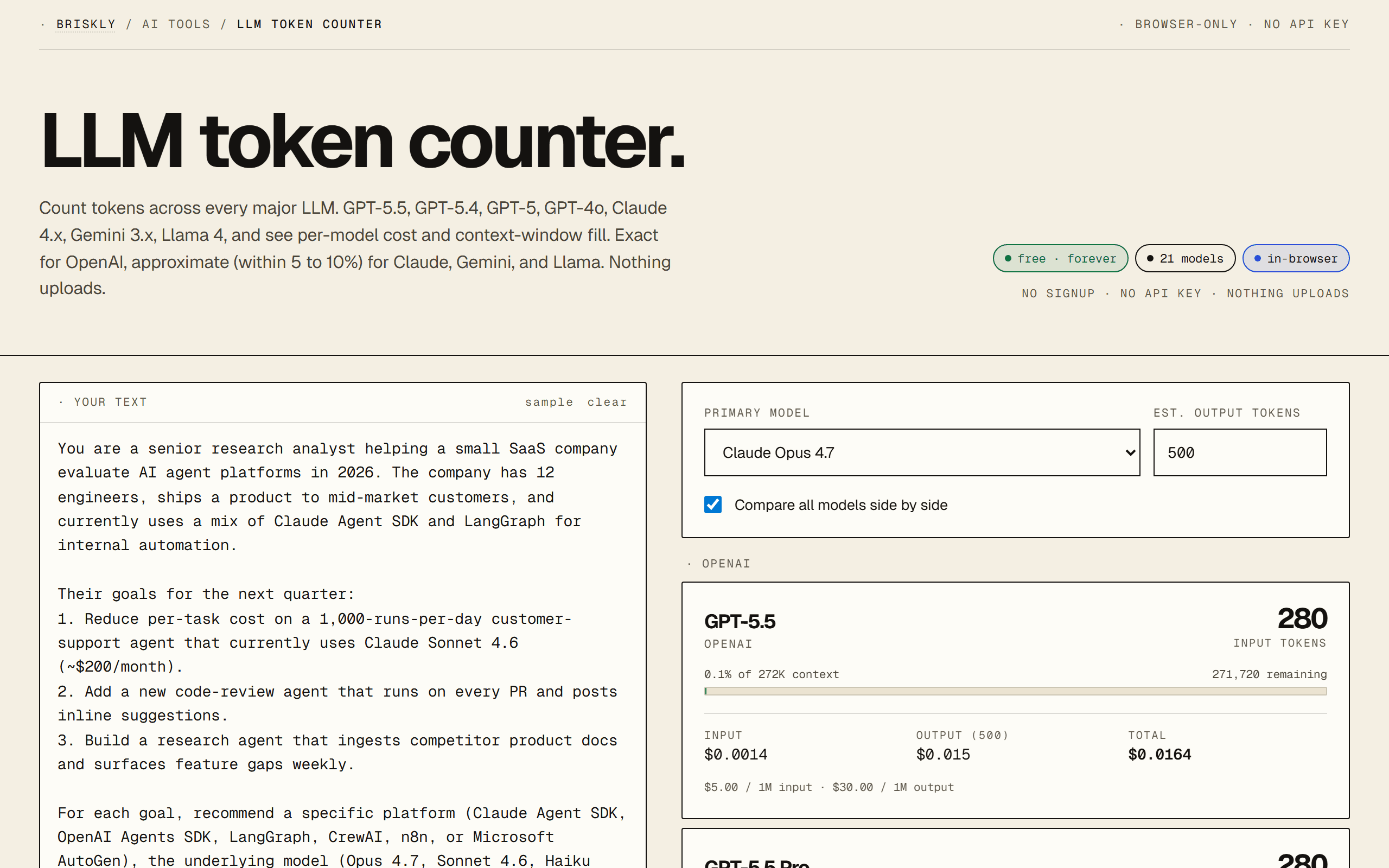 Briskly LLM token counter showing a 4,000-token research-analyst prompt with side-by-side cost across GPT-5.5, with input/output/total dollar figures per model.